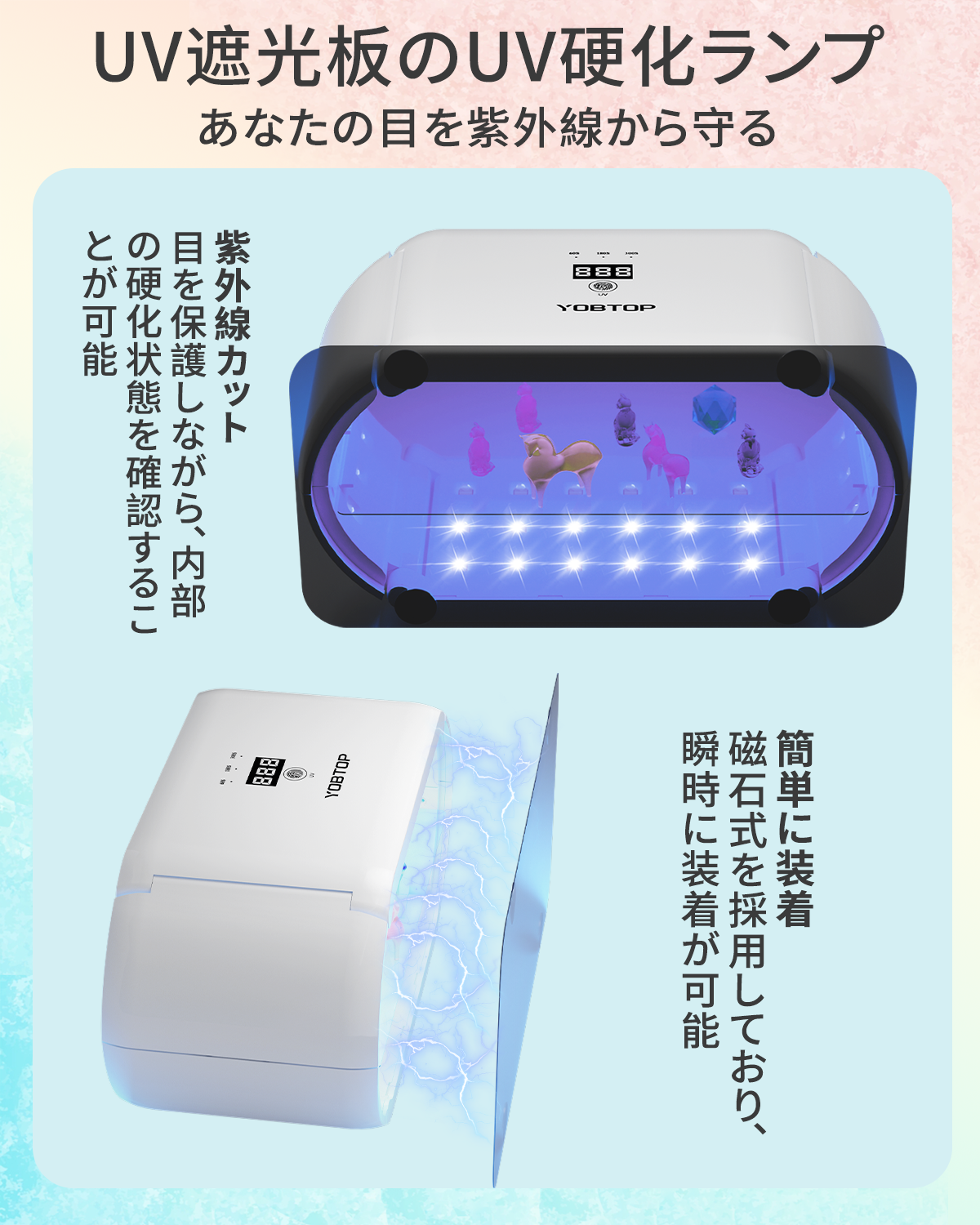 YOBTOP UVライト 両面照射 48個LED搭載 4段階時間調節(60秒~600秒) デジタル表示 UVランプ 両面ライト レジン用 分離式 UV遮光板付き