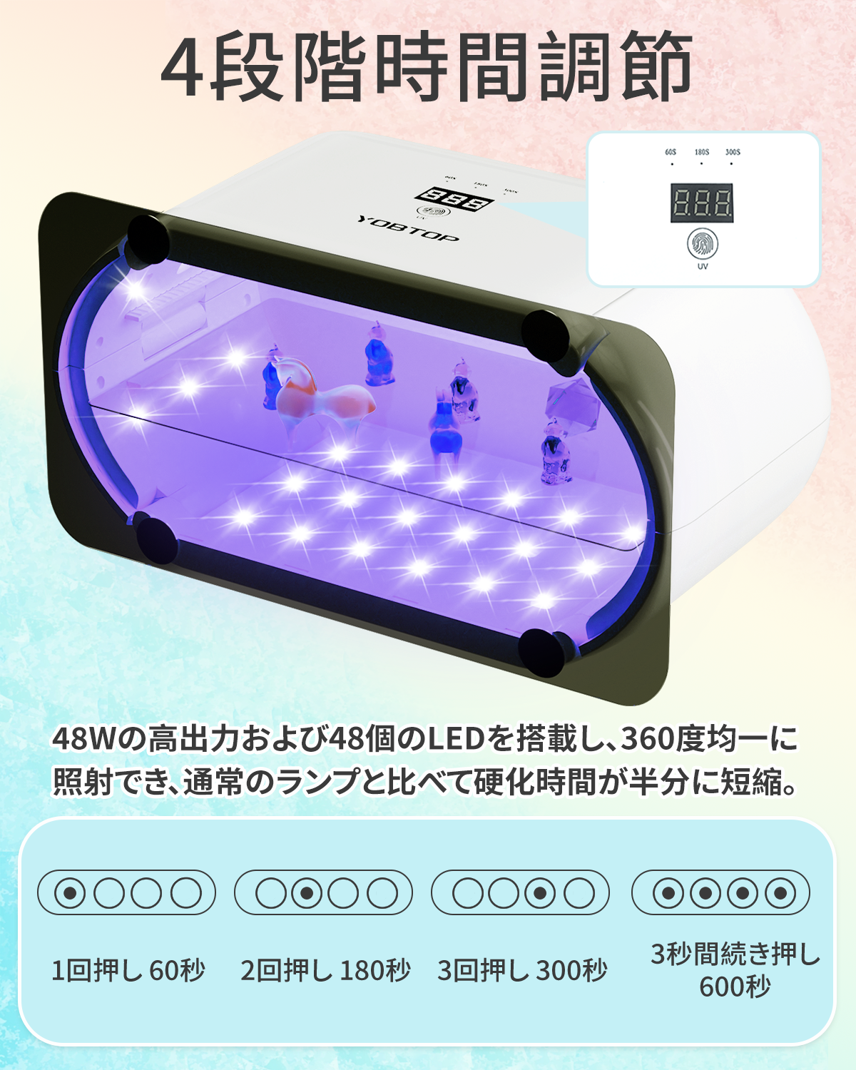 YOBTOP UVライト 両面照射 48個LED搭載 4段階時間調節(60秒~600秒) デジタル表示 UVランプ 両面ライト レジン用 分離式 UV遮光板付き