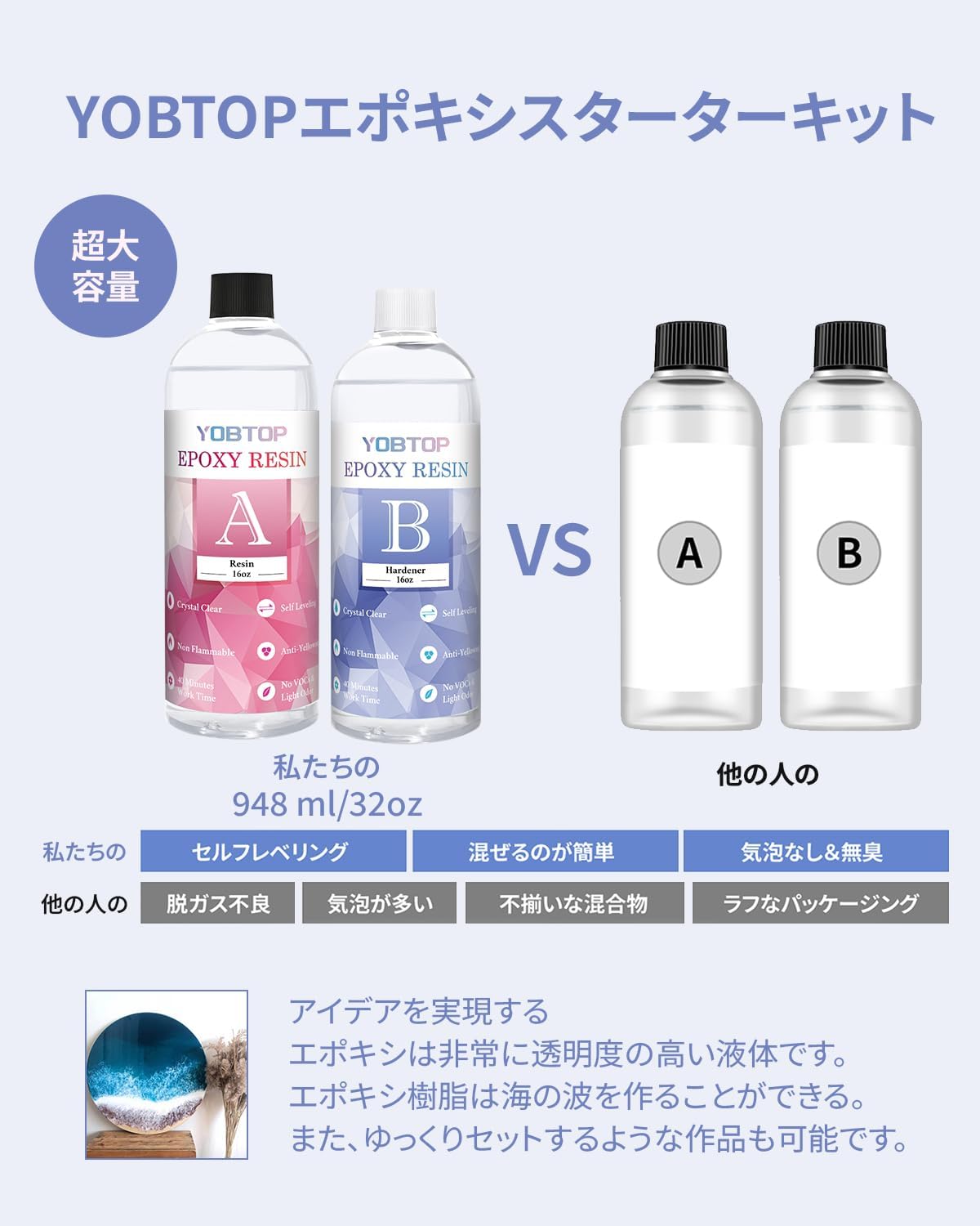 YOBTOP レジン液 2液性レジン液 大容量 948ml/32oz エポキシ樹脂 ハードタイプ 高い透明 気泡なし 黄変なし DIY 手芸用品 イヤリング ネックレス 32oz レジン セット 低刺激性 混合比率1:1