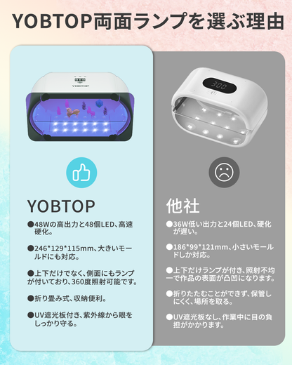 YOBTOP UVライト 両面照射 48個LED搭載 4段階時間調節（60秒～600秒） デジタル表示 UVランプ 両面ライト レジン用  分離式 UV遮光板付き